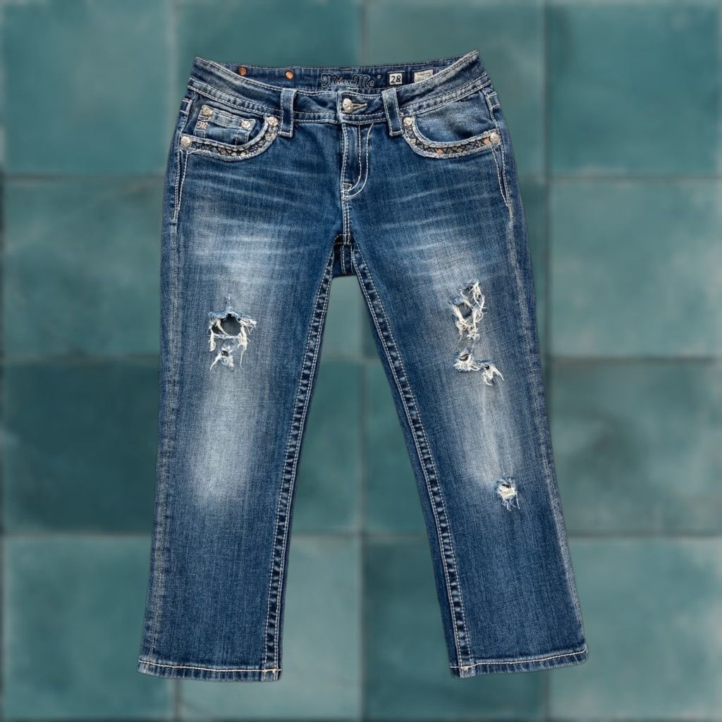 Miss Me Miss Me Cuffed Capri Jeans Women's 28 Blue Stretch Denim Embroidered Studded Capris Slim 5-Pocket Distressed Western Cowboy Rock Size 28" / US 6 / IT 42 - 1 Thumbnail