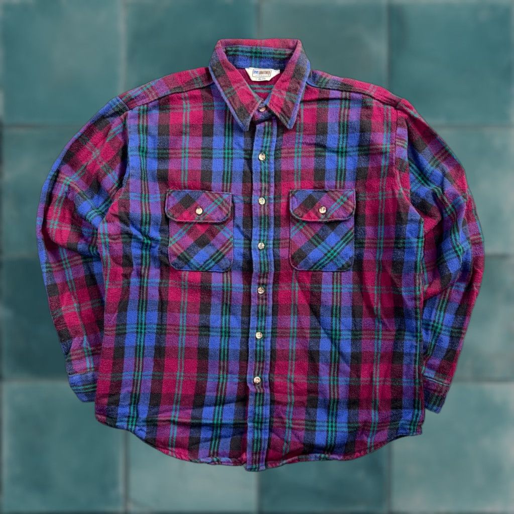 Vintage VTG Five Brother Shirt Mens XL Shadow Plaid Flannel USA Red Blue 1980s 80s Size US XL / EU 56 / 4 - 1 Thumbnail