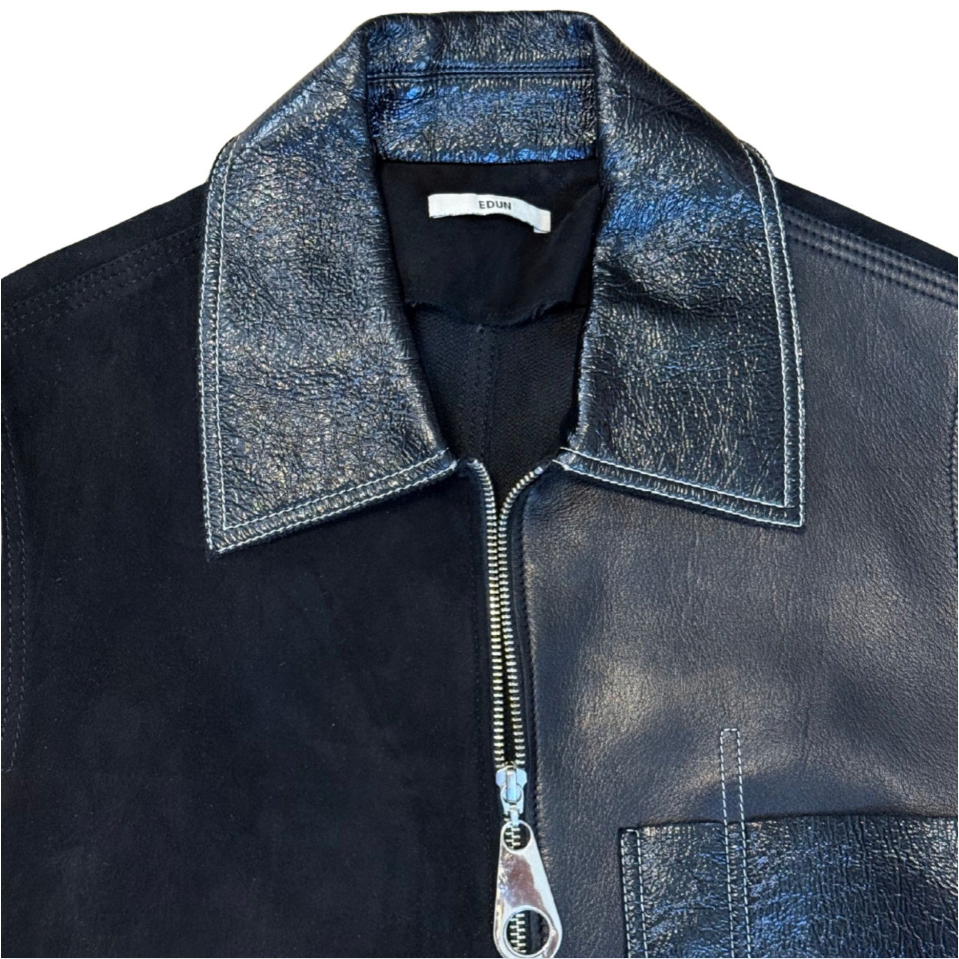 EDUN EDUN Black Faux Suede Patent Leather Coat Jacket EUC XS Size XS / US 0-2 / IT 36-38 - 2 Thumbnail