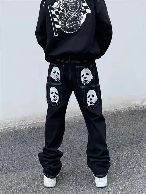 Black high street vibe style skull straight jeans