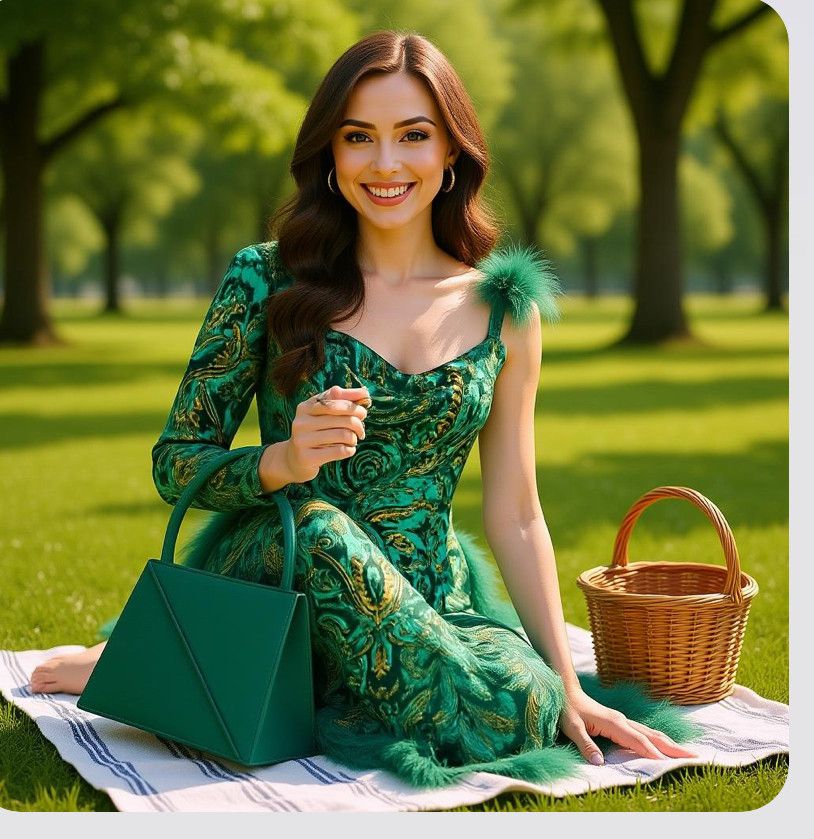 Multi colored green sequined gown with feather trim