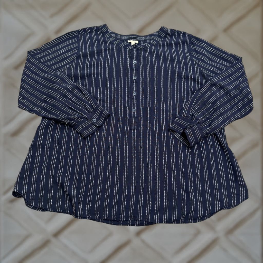 Talbots Talbots Shirt Women 2X Plus Size Navy Blue Striped Henley Collarless Long Sleeve Blouse Size XXL / US 16-18 / IT 52-54 - 1 Thumbnail