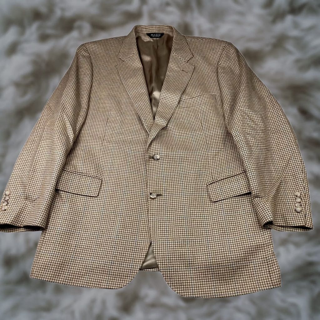Jos. A. Bank Jos A Bank Men’s Blazer 46R Beige Blue Houndstooth Wool Silk Linen 2-Button Size 46R - 1 Thumbnail