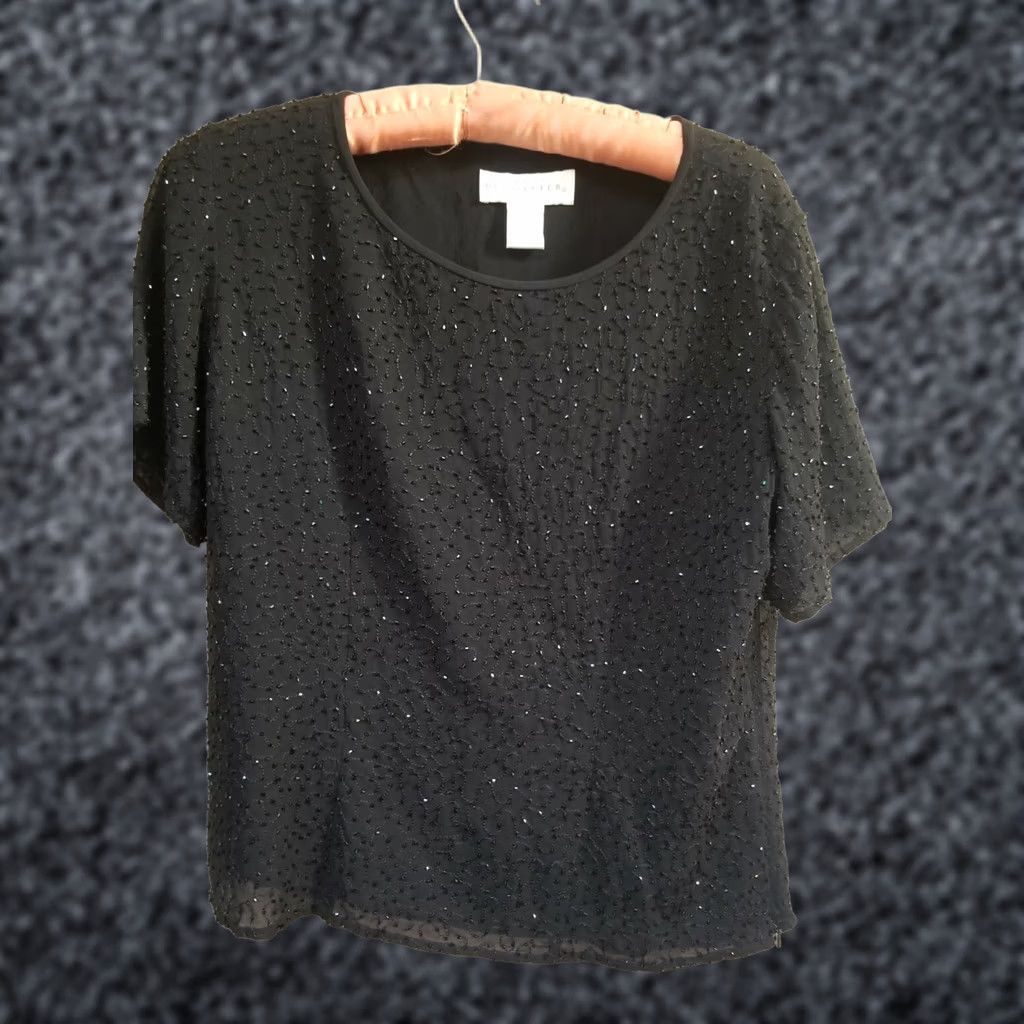 Vintage Doncaster Beaded Blouse Women's Silk Black Short Sleeve Scoop Neck Lined Size 2 Size XS / US 0-2 / IT 36-38 - 1 Thumbnail