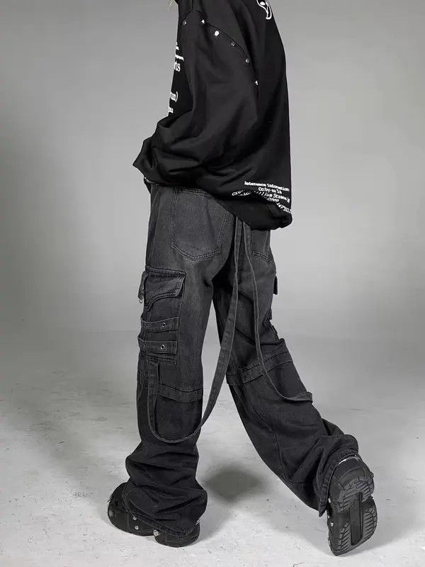 image of Heavy Washed Street Style Long Strap Wide Leg Jeans in Black, Men's (Size 32)