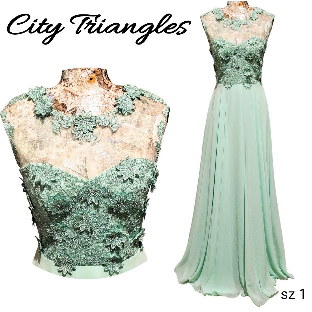 Triangl City Triangles Green Rhinestones Sweetheart Long Prom Gown Size XS / US 0-2 / IT 36-38 - 1 Thumbnail