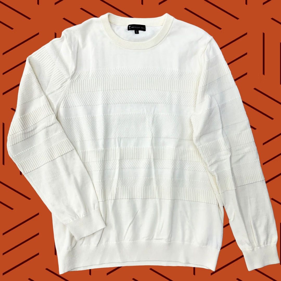 Vintage American Tall Sweater / MT Medium Tall Men’s Crew Neck Cotton Stripe Textured Ivory/ Cream All Seasons Pullover Size US M / EU 48-50 / 2 - 1 Thumbnail