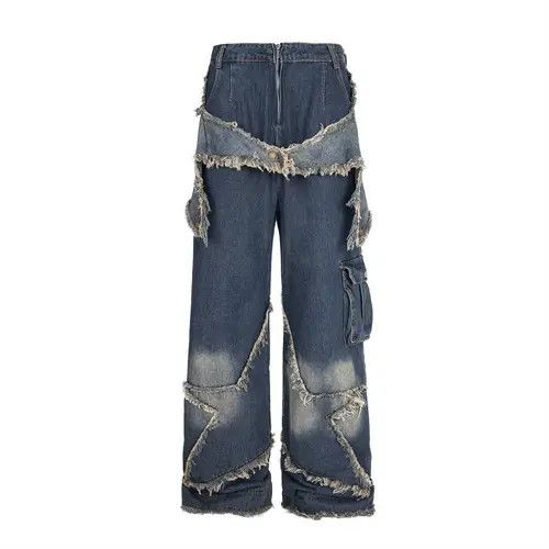 Star patch men's raw edge distressed washed loose jeans