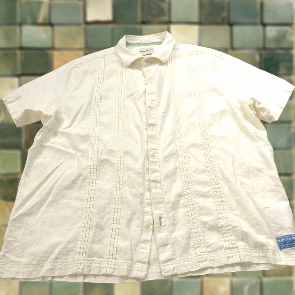 Scotch & Soda Scotch & Soda XL Linen Blend Button Short Sleeve Striped Shirt Ivory MINT - Men - Button-Up Shirt Size US XL / EU 56 / 4 - 1 Thumbnail