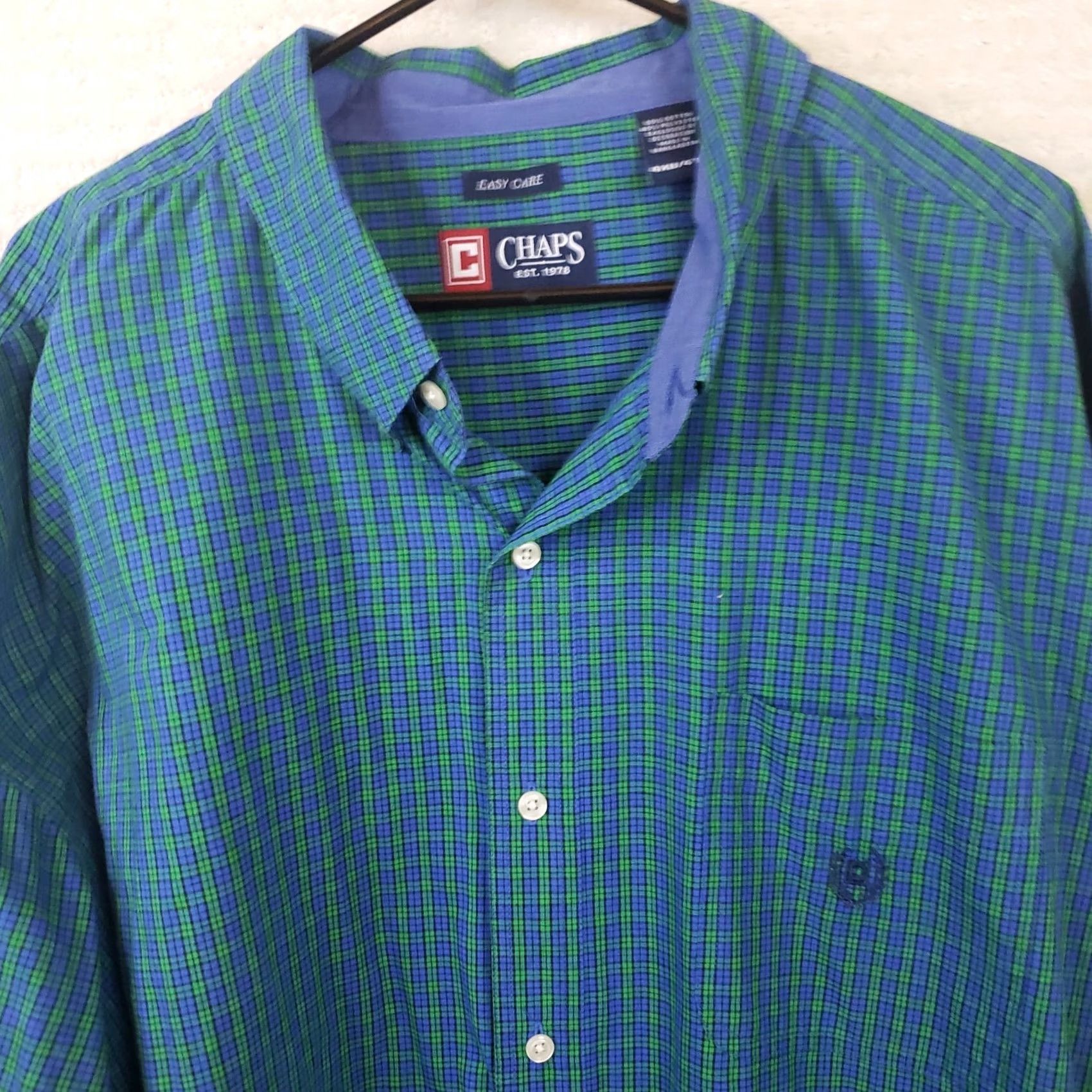Chaps CHAPS Easy Care Shirt Green Blue Plaid Men's 4XB Button-Up Twill Casual Long Sleeve Size US XXL / EU 58 / 5 - 3 Thumbnail
