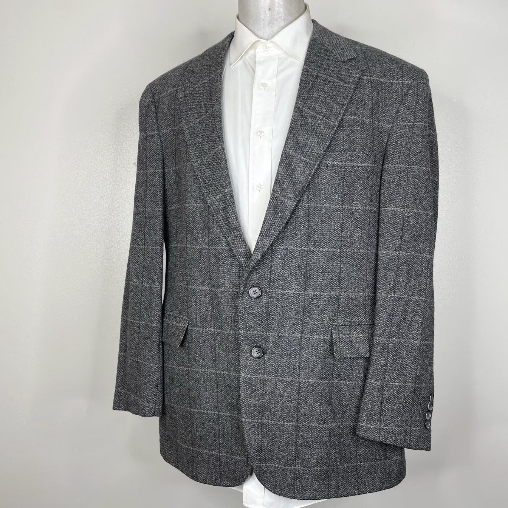 Evan Picone USA Made Sport Coat Mens 46L Gray Textured Check Wool Two Buttons Blazer Jacket Single-Breasted Notch Long - 46L Gray Evan Picone Mens USA