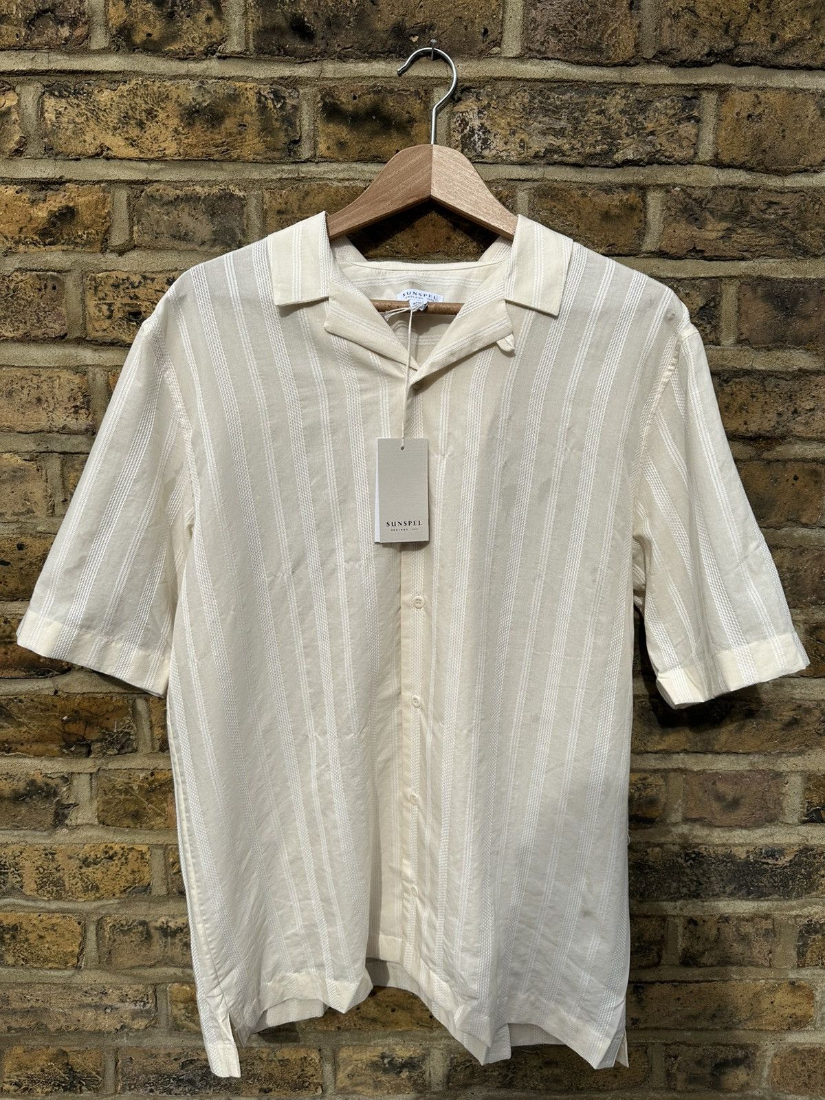Men’s S/S Embroidered Stripe Shirt in Ecru
