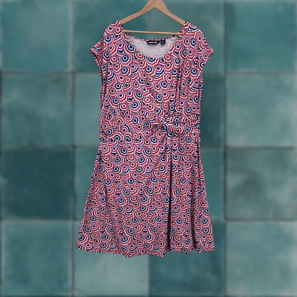 Lands' End Lands' End Dress Womens 2X 20W-22W Red Blue Geometric Print A-Line Stretch Dress Size XXL / US 16-18 / IT 52-54 - 1 Thumbnail