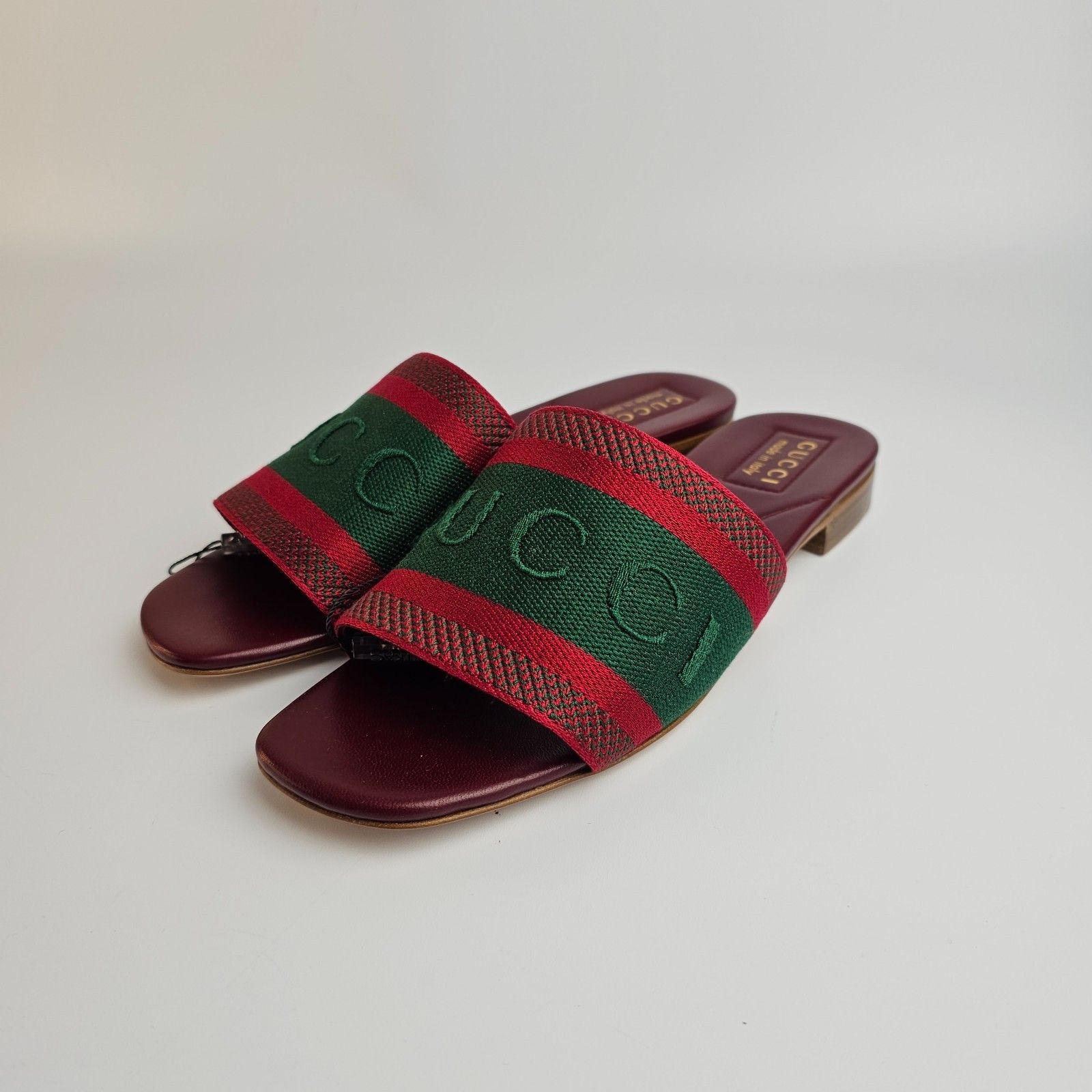 GUCCI Green/Red Cotton Web Slide Sandals New & Auth