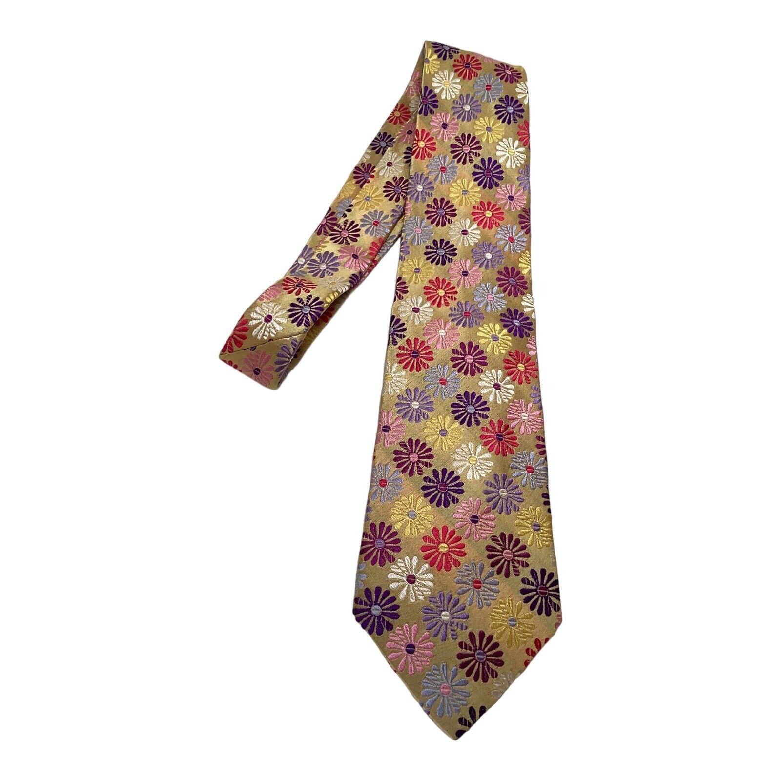 Duchamp DUCHAMP Yellow Flower Print Luxury Designer Silk Tie Made It Size ONE SIZE - 5 Thumbnail