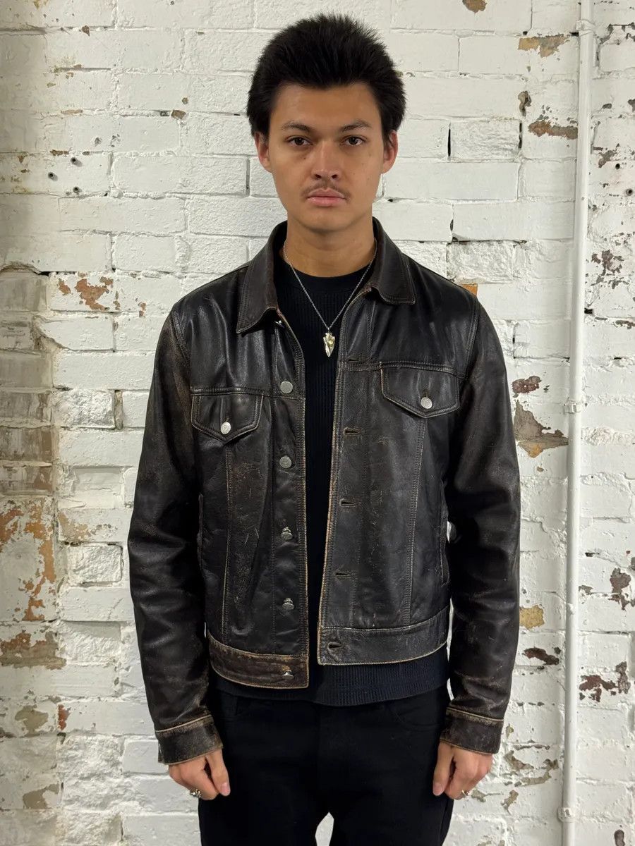 Armani 2000s Armani Trucker Faded Brown Leather Buttoned Jacket Size US M / EU 48-50 / 2 - 2 Thumbnail