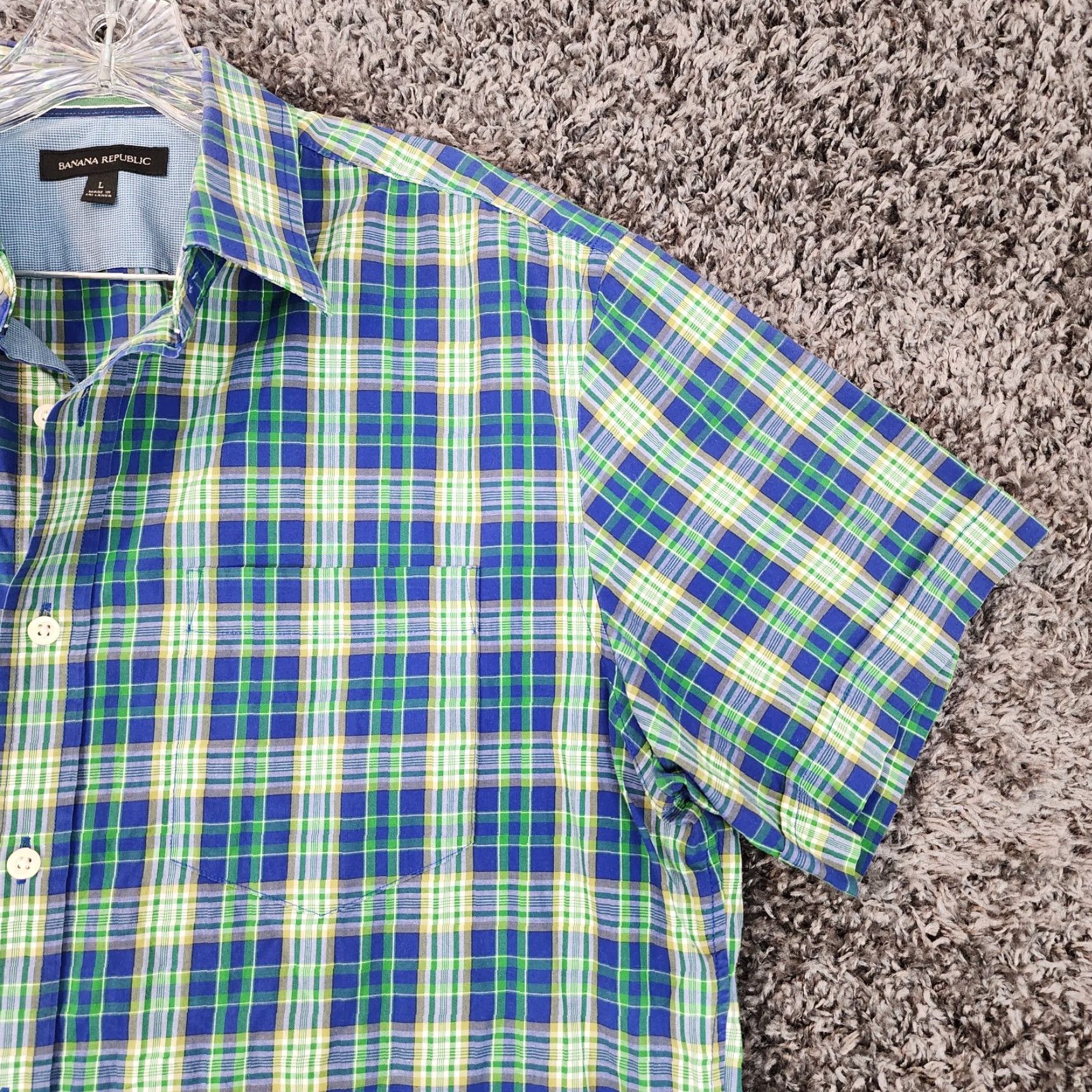 Banana Republic Banana Republic Mens Blue Green Plaid Short Sleeve Button-Up Size L Size US 33 - 3 Thumbnail