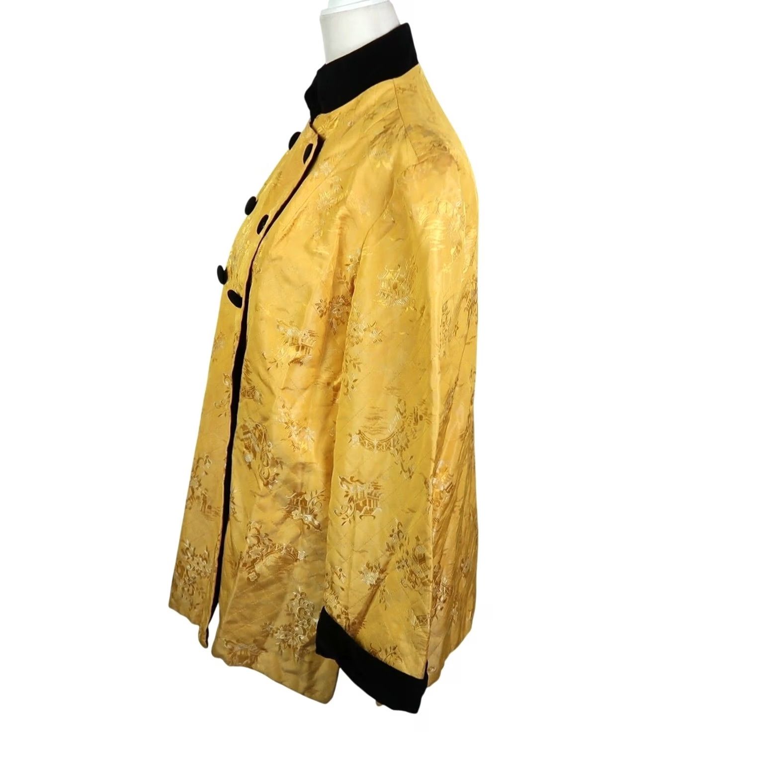 Velvet VINTAGE Jacket 70s Yellow Floral Silk Brocade Black Velvet Trim 12 Womens Size XL / US 12-14 / IT 48-50 - 3 Thumbnail
