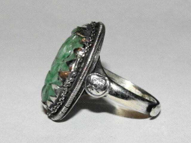 Designer Chinese Art Deco Sterling Silver Carved Jade Cabochon Ring Size ONE SIZE - 4 Thumbnail
