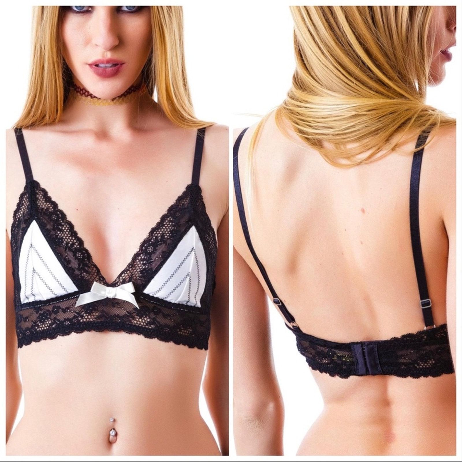 Dolls Kill NEW LOVE HAUS Black Lace Neon Pink Satin Triangle Bra Top Size ONE SIZE - 8 Thumbnail