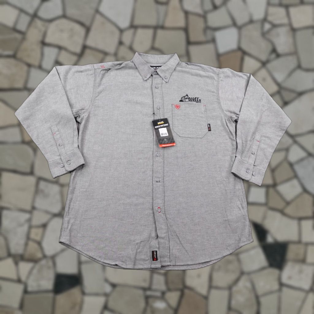 Ariat Shirt Mens Large Gray FR Flame Resistant Work Utility CAT2 Button Up NEW - Cotton Nylon Spandex Twill Long Sleeve with Pockets Mens Mens