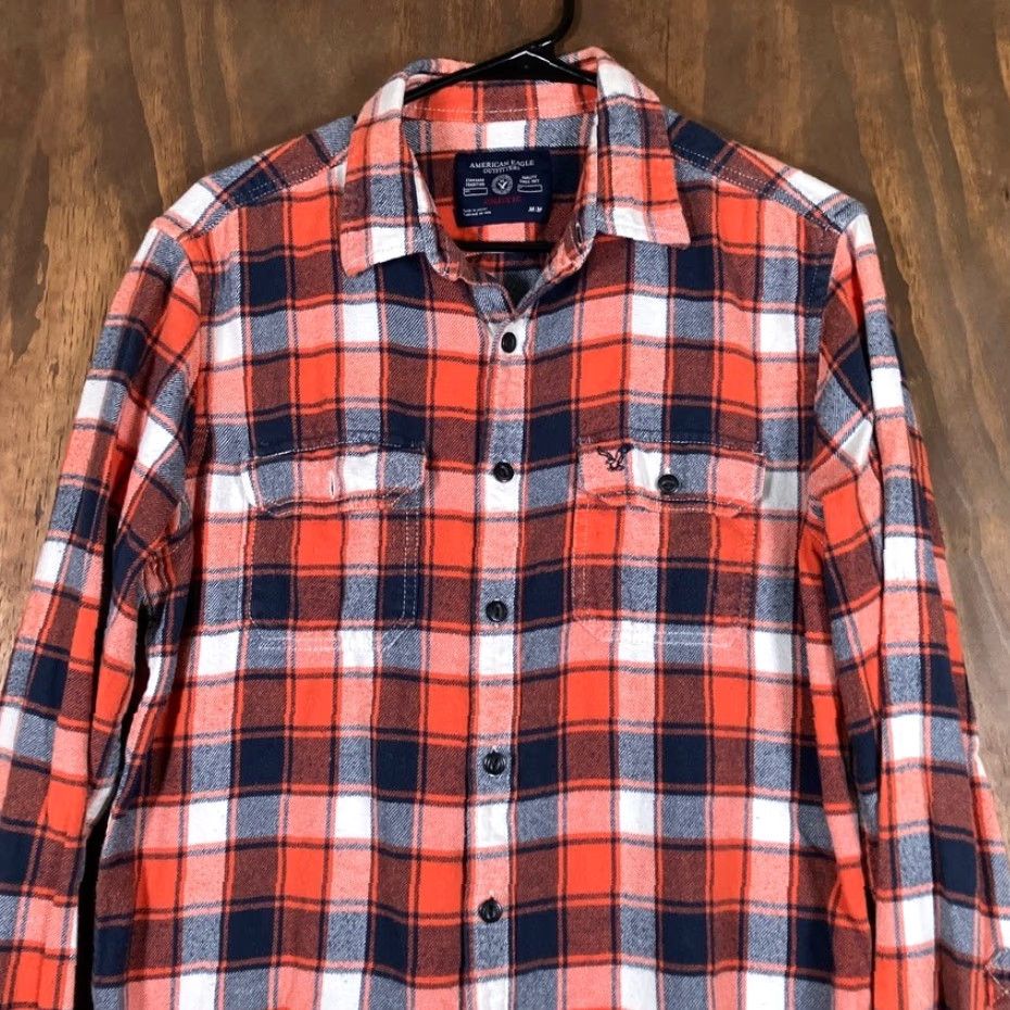 American Eagle Outfitters American Eagle Outfitters Mens Shirt Orange Navy Plaid Athletic Fit Flannel M Size US M / EU 48-50 / 2 - 2 Thumbnail