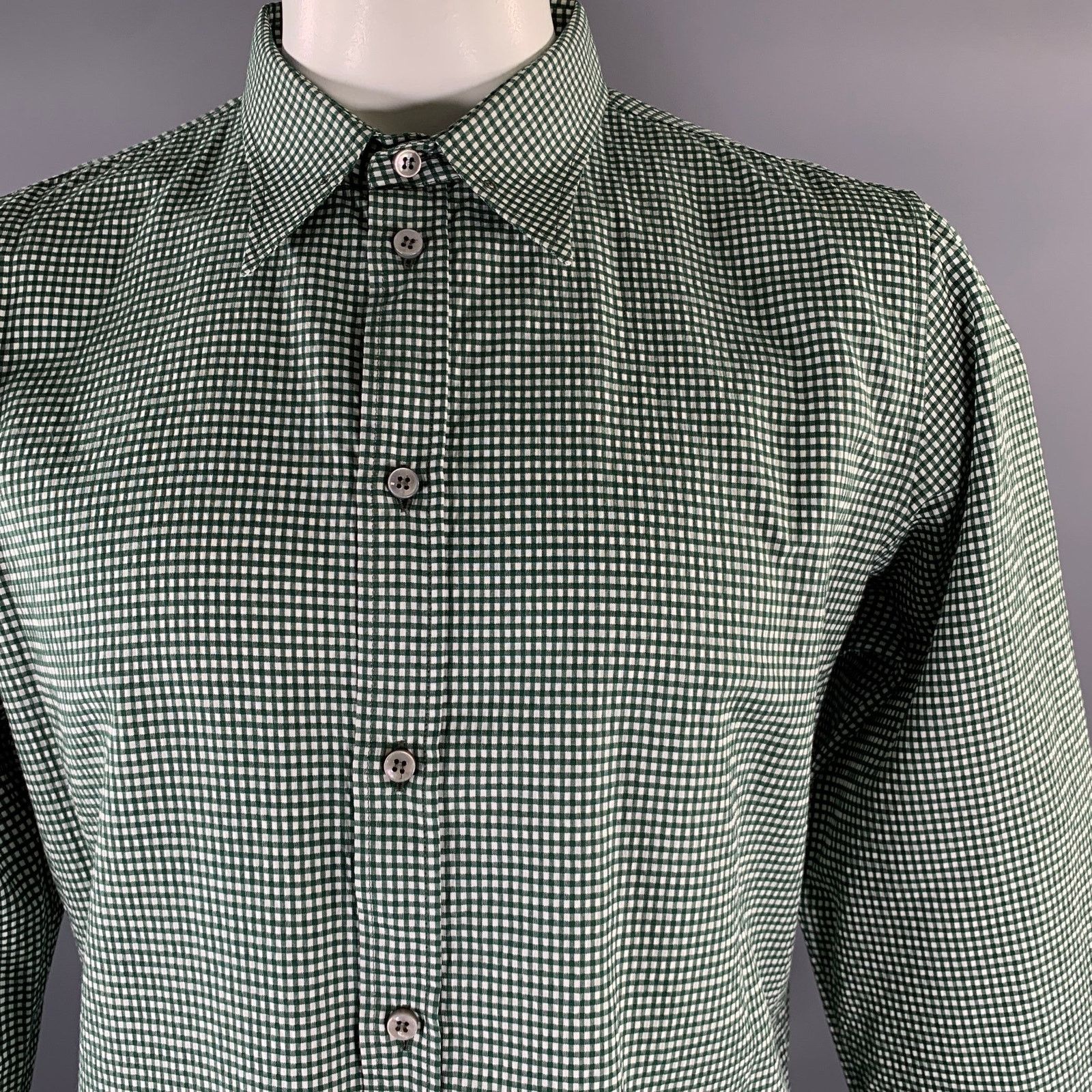 Bottega Veneta BOTTEGA VENETA Green White Gingham Cotton Long Sleeve Shirt Size US XL / EU 56 / 4 - 2 Thumbnail