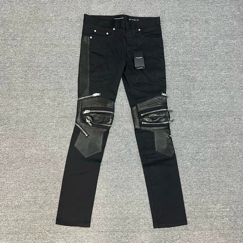 Saint Laurent Paris Black Knee-Patchwork Zip Biker Jeans