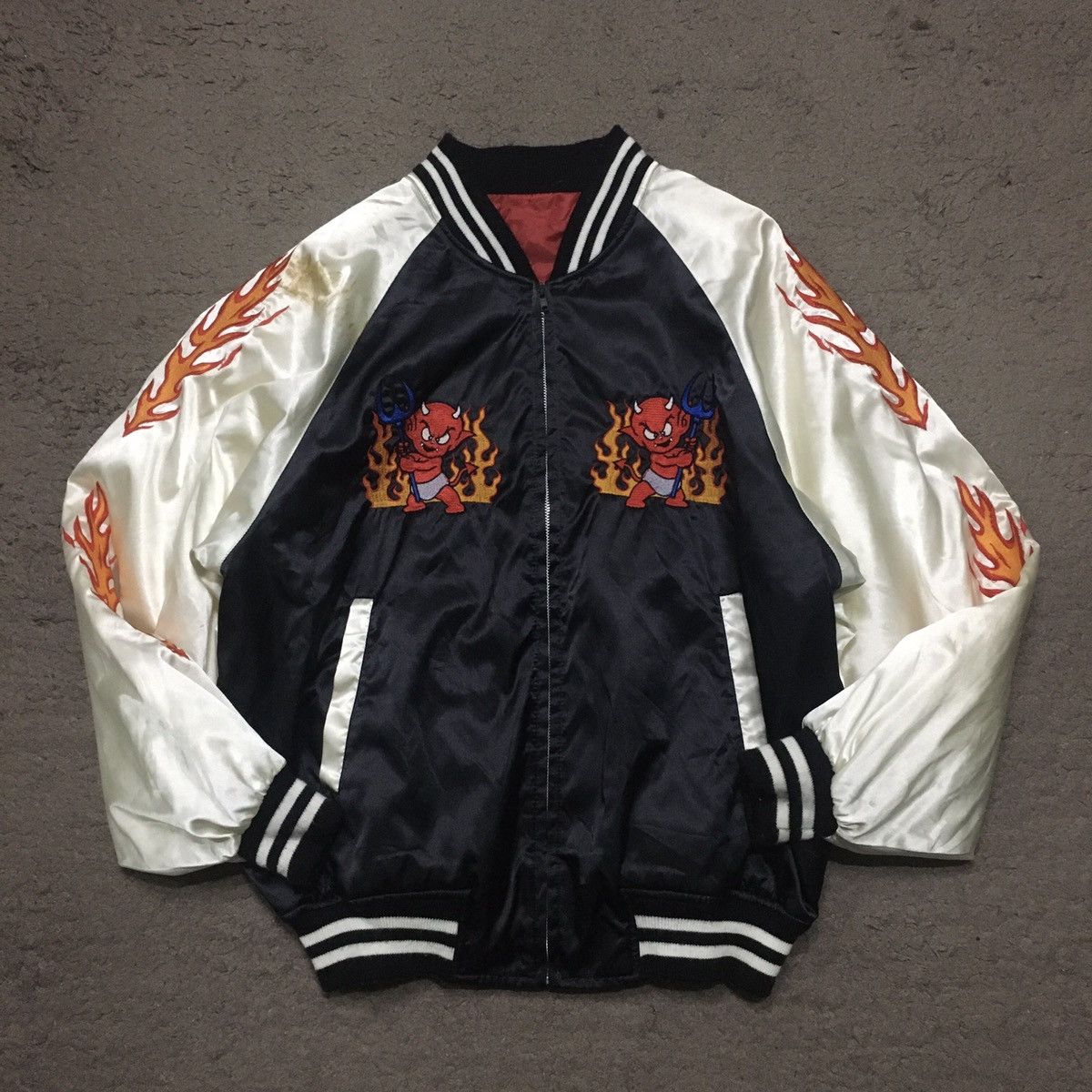 image of Sukajan Souvenir Jacket x Vintage Power Of Devils Sukajan Bomber Jacket in Black/White (Size XL)