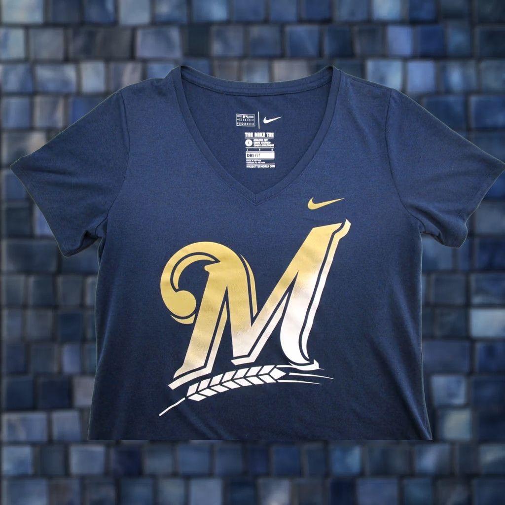 Nike Nike Milwaukee Brewers Dri-Fit V-Neck Short Sleeve Shirt Women L Blue MLB Size L / US 10 / IT 46 - 1 Thumbnail