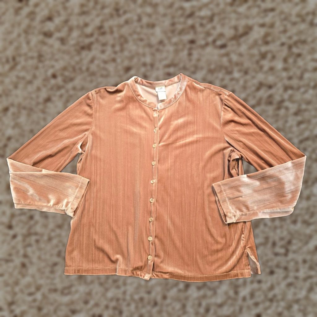 J. Jill VINTAGE J. Jill Top Womens Medium Beige Velour Long Sleeve 90s Capsule Button-Up 90s Womens Context Size M / US 6-8 / IT 42-44 - 1 Thumbnail