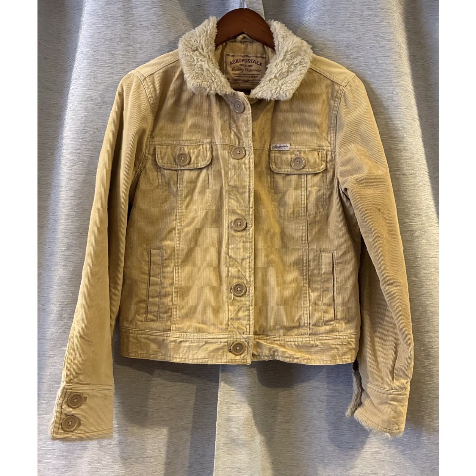 Vintage Aéropostale Beige Full Zip Jacket Women L Fur Trim Heritage Basic Coat mid-length Size L / US 10 / IT 46 - 2 Thumbnail