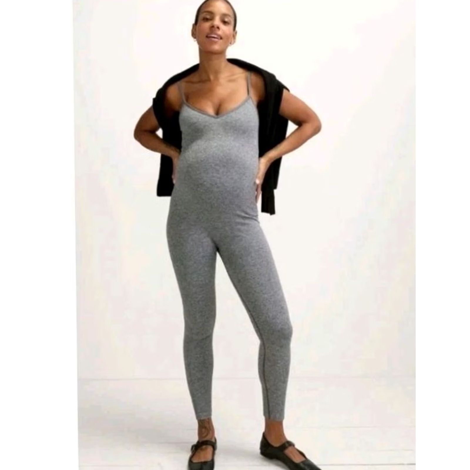 Vintage HATCH Grey Body Maternity Rib Unitard Jumpsuit V-neck Skinny Leg Size M Womens Sleeveless Size 32" / US 10 / IT 46 - 2 Thumbnail