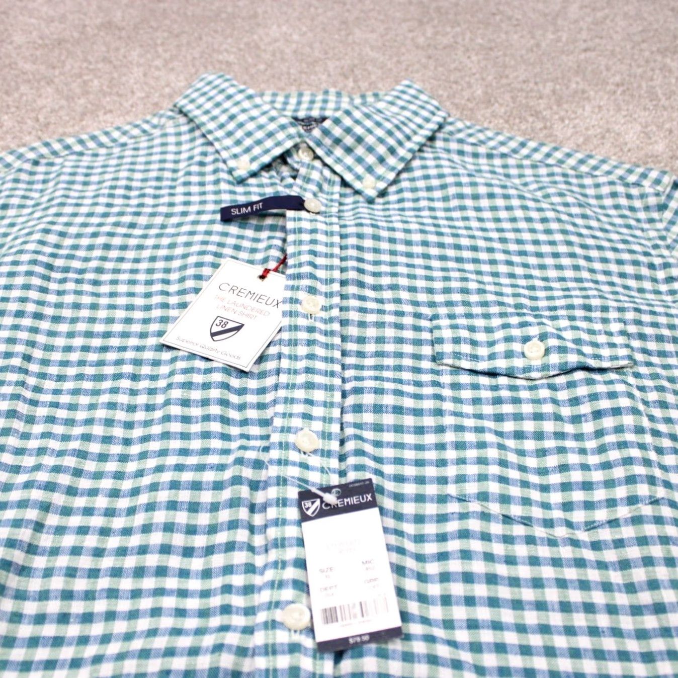 Cremieux Cremieux Long Sleeve Button-Down Shirt Mens Large Green/White Slim Fit Linen Cotton Check NWT S/S Button-Up Shirt Size US L / EU 52-54 / 3 - 4 Thumbnail
