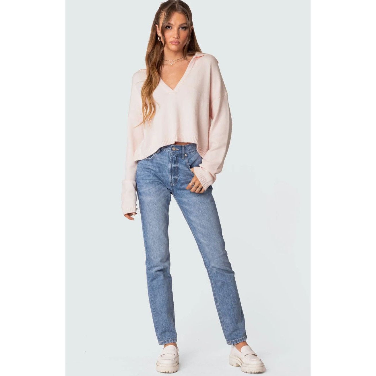 Nordstrom Edikted Marcie Johnny Collar Light Pink Oversize Crop Sweat Size XS / US 0-2 / IT 36-38 - 3 Thumbnail