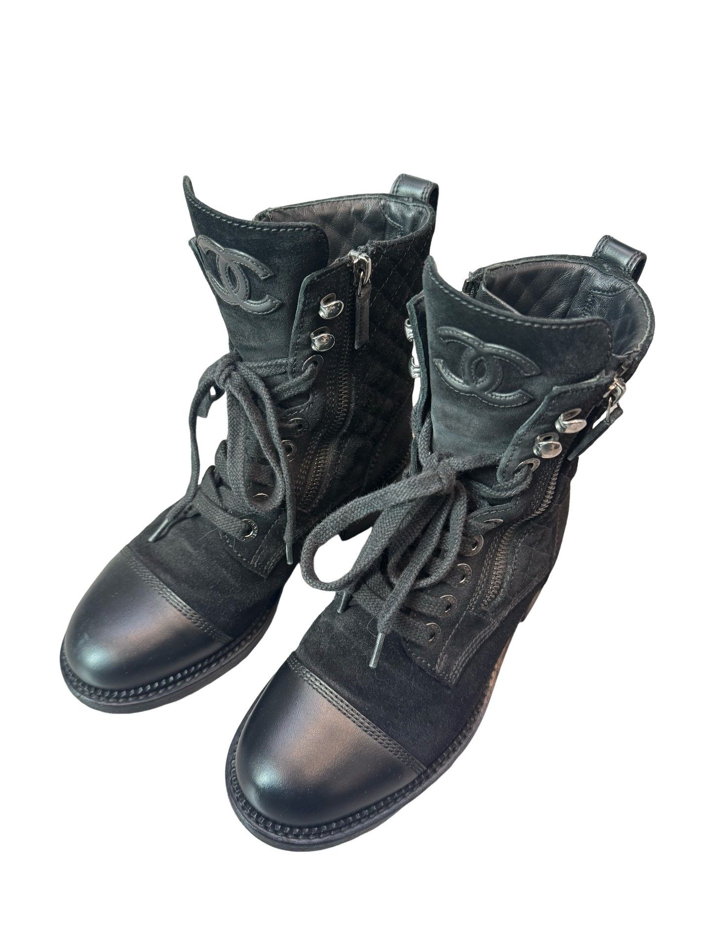 Chanel Chanel CC Logo Quilted Suede Combat Boots Size 36 Size US 6 / IT 36 - 1 Thumbnail
