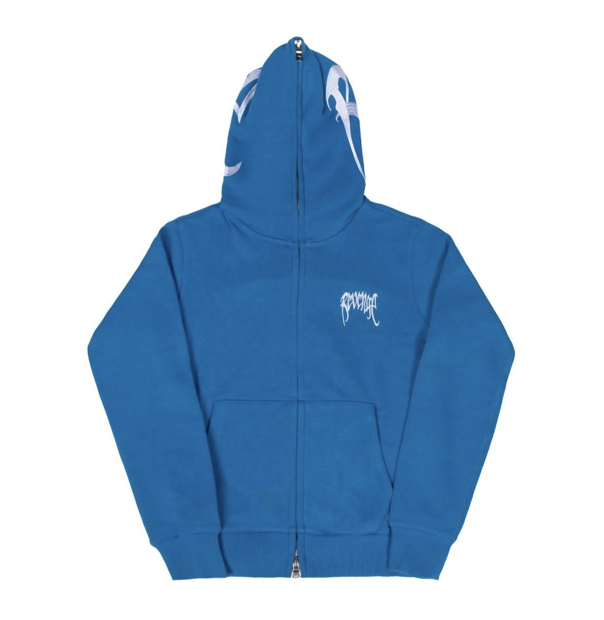 image of Revenge Cerulean Blue Embroidered Logo Full Zip Up Hoodie, Men's (Size Large)