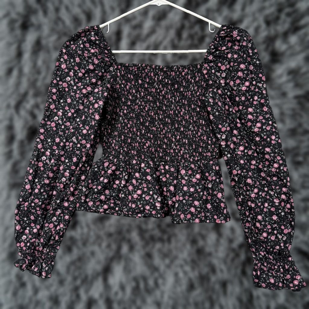 Vintage Dizzy Lizzy Blouse Shirt Large Floral Smocked Peplum Black Pink Boho Cottagecore Cropped Puff Sleeve Square Neck Womens L Shirt Size L / US 10 / IT 46 - 1 Thumbnail