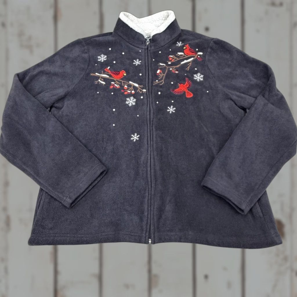 Vintage Breckenridge Jacket XL Gray Fleece Embroidered Cardinal Holiday Zip Womens Size XL / US 12-14 / IT 48-50 - 1 Thumbnail