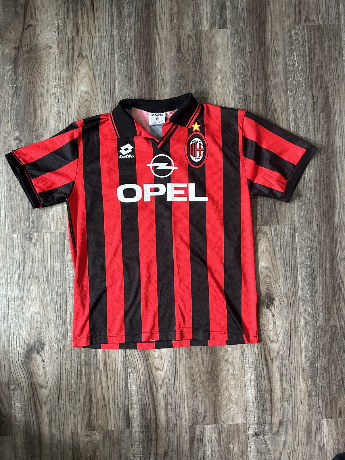 image of Lotto x Soccer Jersey Vintage Ac Milan Home Jersey 1997 Corrent 27 in Black Red, Men's (Size XL)