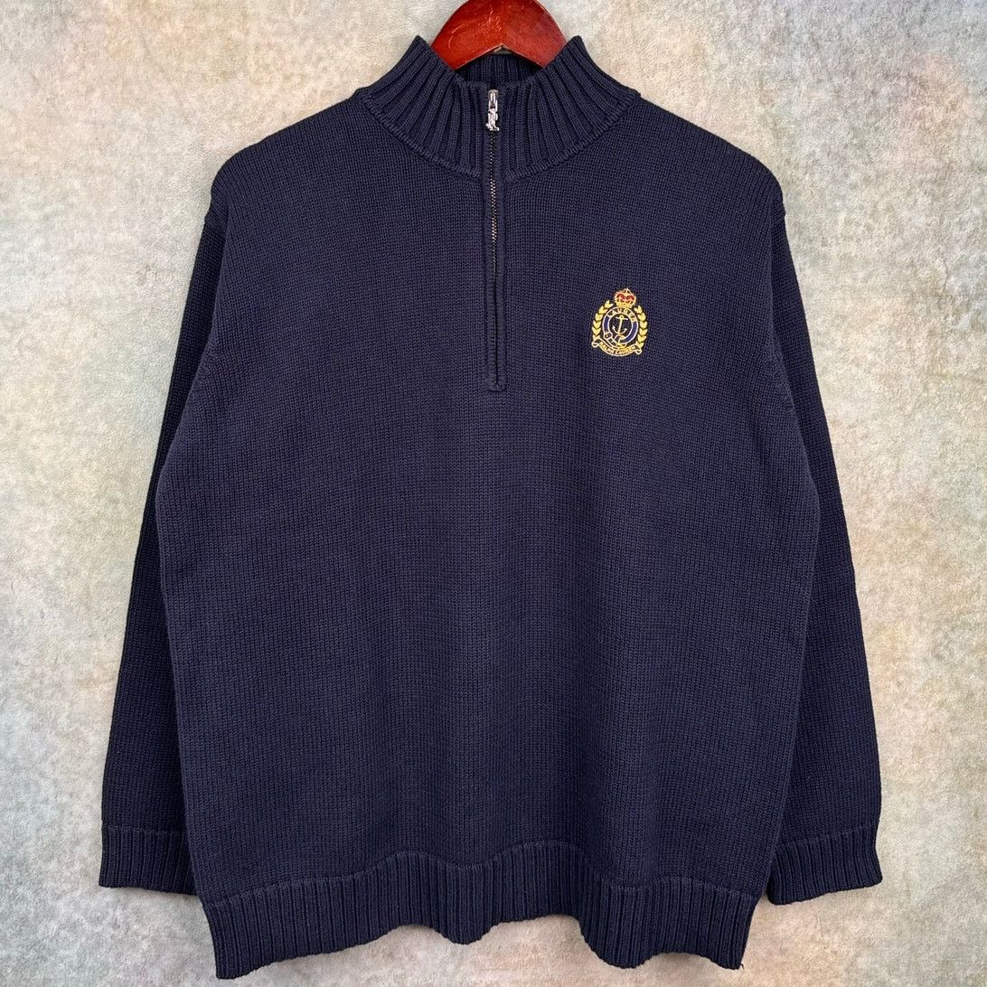 Ralph Lauren VTG 90s Ralph Lauren Cookie Crest Sweater Sz M Q ZIp Navy Size M / US 6-8 / IT 42-44 - 1 Thumbnail