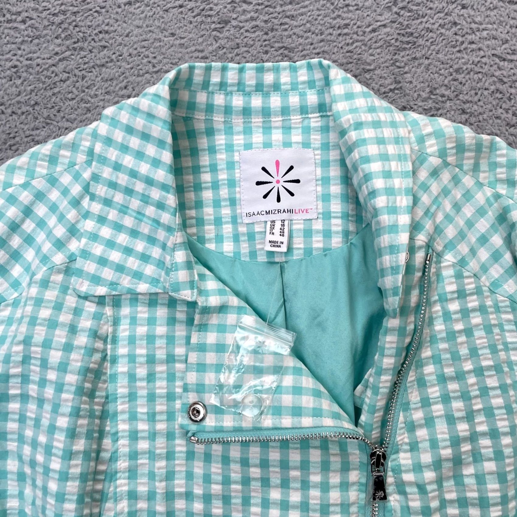 Isaac Mizrahi Isaac Mizrahi Jacket Womens 12 Blue Teal Aqua Coat Zip Stretch Asymmetrical Motorcycle Checked Casual City Womens World Size XL / US 12-14 / IT 48-50 - 6 Thumbnail