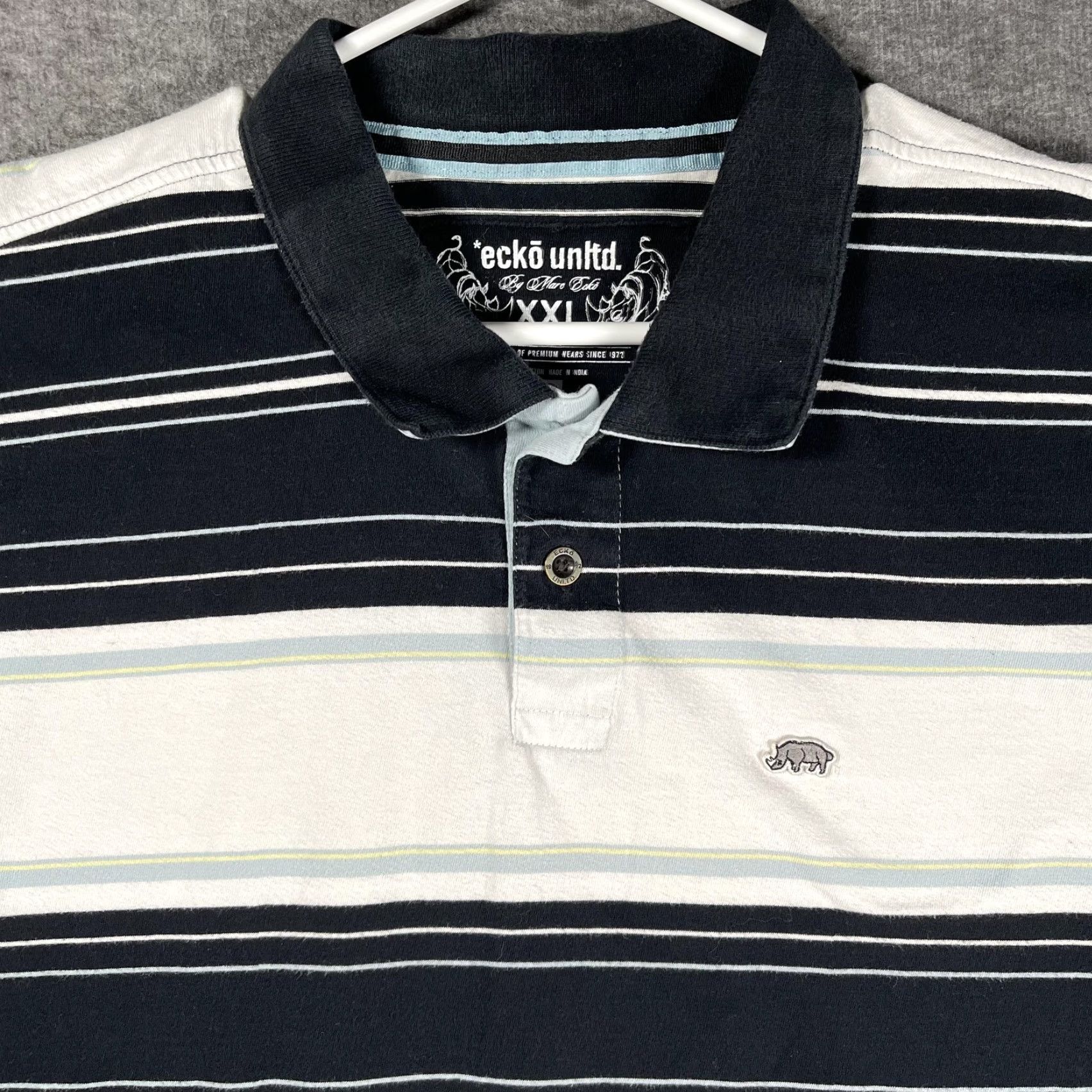 Ecko Unltd. Ecko Unltd Polo Shirt Mens 2XL Blue White Striped Rhino Logo Cotton Short Sleeve Size US XXL / EU 58 / 5 - 2 Thumbnail