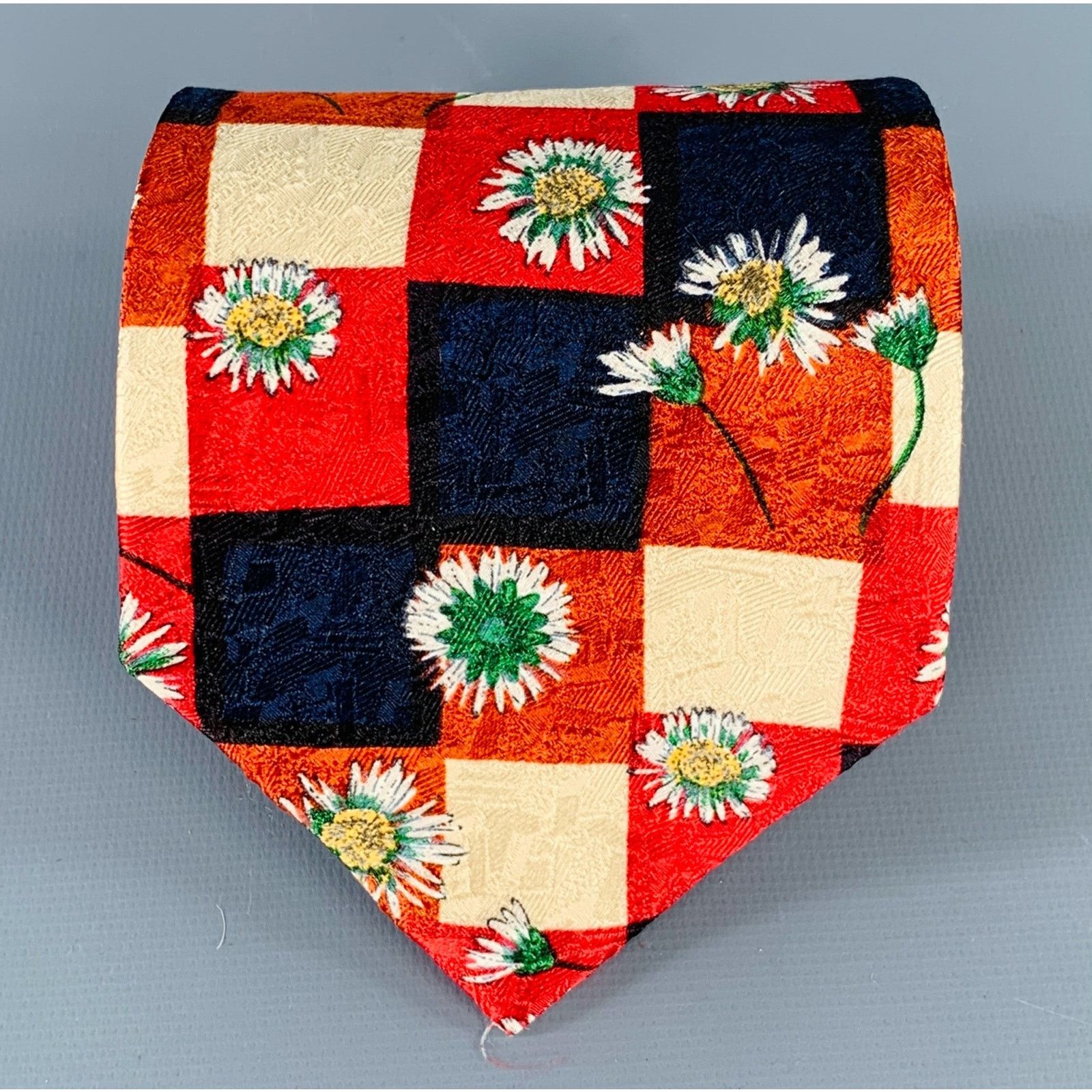 Ermenegildo Zegna ERMENEGILDO ZEGNA Red Navy Cream Checkered Floral Silk Tie Size ONE SIZE - 1 Thumbnail