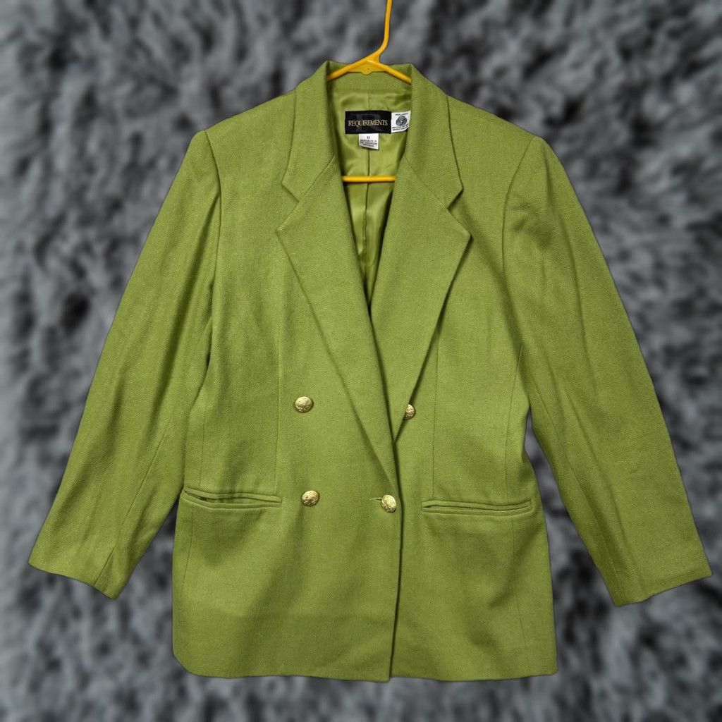 Doublet VINTAGE Requirements Blazer Womens 8 Lime Green Wool Double Breasted Notch Lapel Long Sleeve Tailored Bodice Size M / US 6-8 / IT 42-44 - 1 Thumbnail