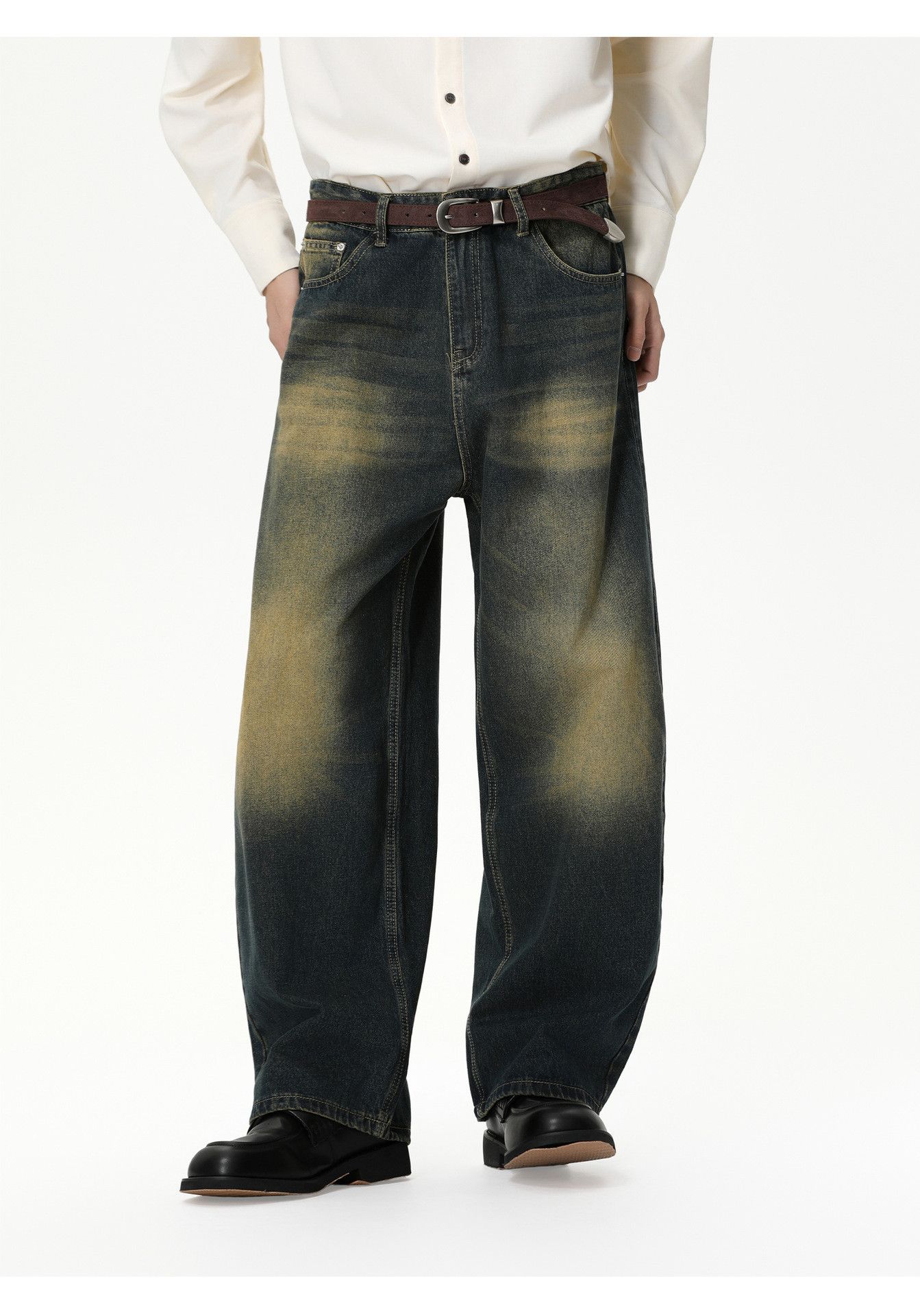 Vintage Japanese retro washed distressed wide-leg curved jeans Size US 32 / EU 48 - 2 Thumbnail