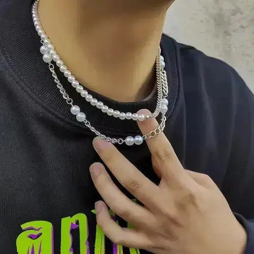 Chain x Jewelry 2Pc Retro Punk Pearl Necklace in Silver, Men's