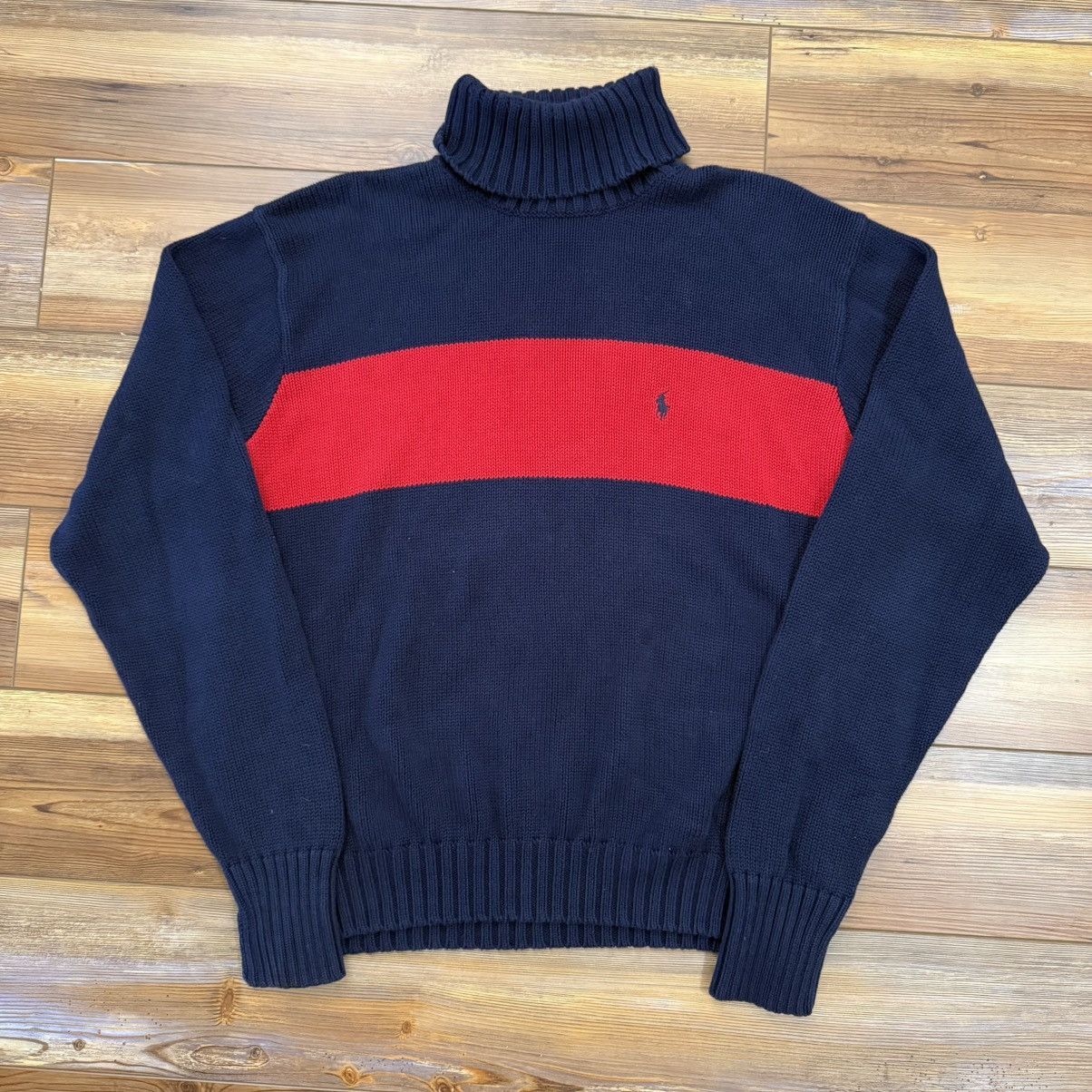 Polo Ralph Lauren Vintage Blue Red Striped Polo Ralph Turtleneck Knit Sweater Size US L / EU 52-54 / 3 - 1 Thumbnail