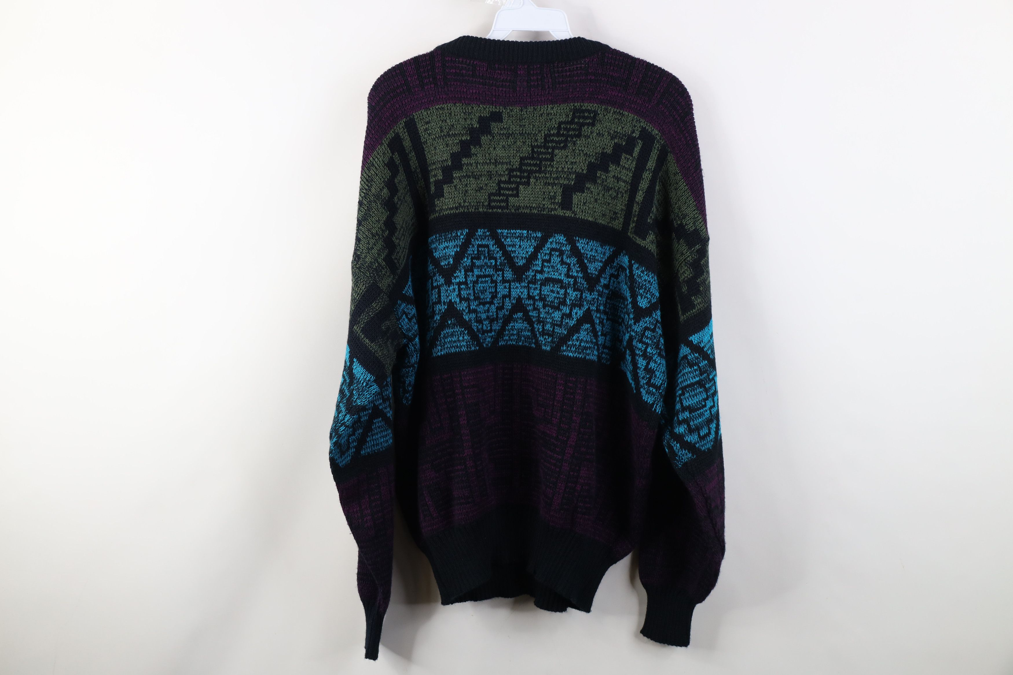 Vintage Vintage 90s Streetwear Leather Trim Geometric Knit Sweater Size US L / EU 52-54 / 3 - 9 Thumbnail