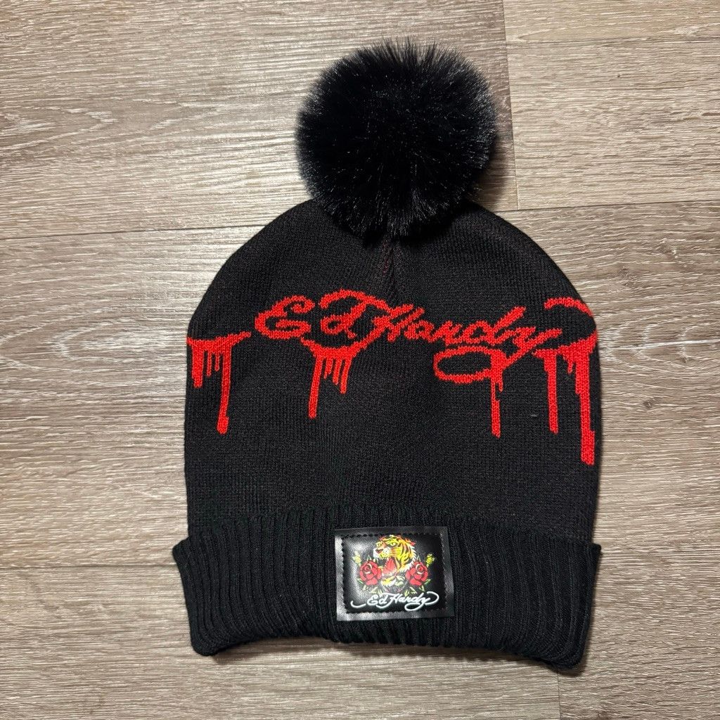 Ed Hardy Ed Hardy Beanie One Size Black Red Drip Logo Pom Pom Hat Size ONE SIZE - 1 Thumbnail